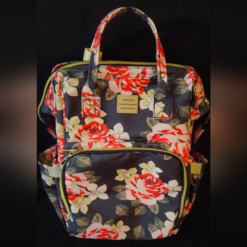 Vsnoon Freedom & Happiness Women Floral Backpack - Red, White, & Black